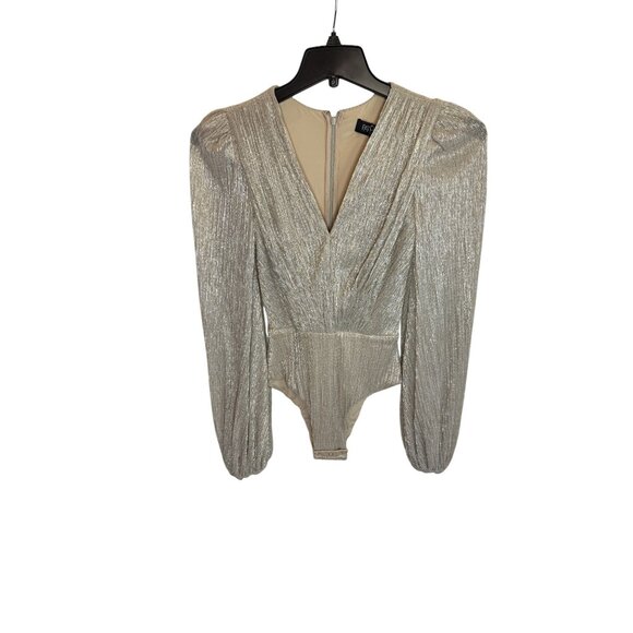 PatBO Gold Metallic Blouson Sleeve Deep V Bodysuit NWT – Size XS - Picture 2 of 7